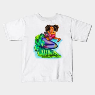 Mermaid Afro Mermaid - Coco the Magical rainbow mermaid and phone - brown eyes, Afro hair in two puffs and caramel brown skin - light background Kids T-Shirt